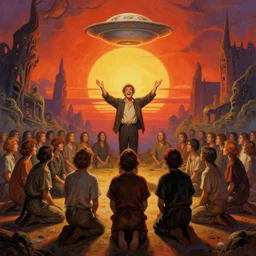 a picture of a happy salesman at a alter speaking to a crowd of kneeling cultists, a saucer in the sky, sunrise, a detailed matte painting by mort kunstler, pixiv, kitsch movement, hellish background, movie poster, official art