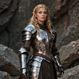 portrait of beautiful armored orc woman, rocky terrain by Emmanuel Lubezki