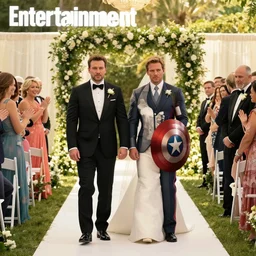 [ steve rogers and bucky barnes get married ] screenshot from the mcu : : official promotional image entertainment weekly, [ gay marriage ], [ tuxedos ] bisexual rights, wide shot of the wedding, beautiful, as played by chris evans and sebastian stan