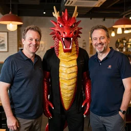 red scaled dragon mascot for a fish restaurant by larry elmore and vincent di fate