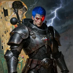portrait of gothic and futuristic young man, warhammer, cyberpunk armor, a lot of scars, thunderstorm, blue head, fire eyes, some red, the middle ages, highly detailed, artstation, in the style of moebius, jugendstil and classic japanese print, art by jean delville and gustav klimt