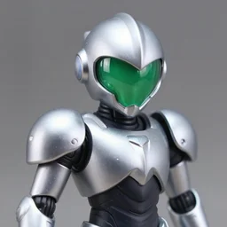 portrait of a figurine of cyborg from the sci - fi nintendo videogame metroid. glossy. silver round helmet, silver shoulder pads, green visor. shallow depth of field. suit of armor.