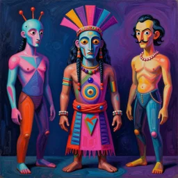 “A surreal neon painting of a shaman futuristic picasso by hr giger and Vladimir kush and dali and kandinsky, 3d, realistic shading, complimentary colors, vivid neon colors, aesthetically pleasing composition, masterpiece, 4k, 8k, ultra realistic, super realistic”