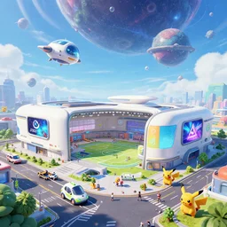 a future urban city, sports center, large gymnasium, white buildings + colorful decorative + led billboards + brand logo, cute future vehicles, cute spacecraft flying in the air, cute pokemon walking on the street, cute scene, huge universe, alien planet in the sky faraway, dokev, ratchet & clank, overwatch, splatoon 3