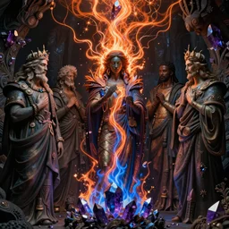 darker shades of forgotten misery and despair by michael whelan and peter driben and quentin massys and hubert robert and greg staples and rudy nappi, beautiful, mythical, scaled robes, highly detailed, hyperrealistic, intricate, energy, orange electricity, blue flame, low light, purple crystals, high contrast, lifelike