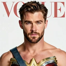 Chris Hemsworth with Wonder Woman clothes, Vogue cover photo, realistic face, detailed face, highly detailed, professional photo