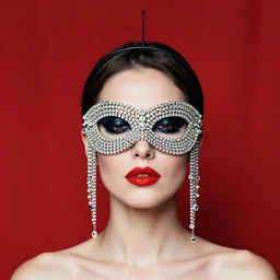 an 8 0 s portrait of a woman with dark eye - shadow and red lips with dark slicked back hair dreaming acid - fueled hallucinations wearing a mask of wire, diamonds and beads hanging from a think black crown by serge lutens, rolf armstrong, delphin enjolras, peter elson, flat surreal psychedelic colors, background of classic red cloth