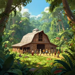 wide shot of amish raising a barn in the jungle, concept art from the game borderlands, drawn by rembrandt and alphonse mucha, lush greens, birds flying, volumetric lighting, 8 k, trending on artstation, bright blue sky, highly detailed, professional digital painting, epic, cinematic