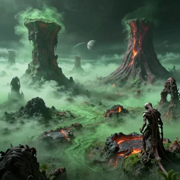 BADASS FILTERS AND EFFECTS EFFECTS, FEATURED ON CG SOCIETY, CGI, HYPER REALISTIC VFX SIMULATION of THE PLANET VENUS'S DISASTROUS HELLISH LANDSCAPE, GREEN-ISH FOG, HUGE VOLCANOES EVERYWHERE, LAVA BY ZDZISŁAW BEKSIŃSKI, H.R. GIGER AND JEFFREY SMITH, INCREDIBLY HIGHLY INTRICATELY DETAILED 3D OCTANE RENDER