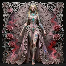 blonde girl in a cosmic dress, full-body tattoos, ornate, rococo, grotesque, zbrush art, majestic, organics, silver filigree, colorful, dark fantasy, celtic knot, anatomical, h r giger style, moebius, frank frazetta, ornate, art nouveau, symmetrical, turquoise jewelry, red smoke, roses, unbiased render, rotten, Emil melmoth, eerie, macabre, haunting + insanely detailed and intricate, floral, faded pink, hypermaximalist, elegant, vintage, hyper realistic, super detailed, pastel colors