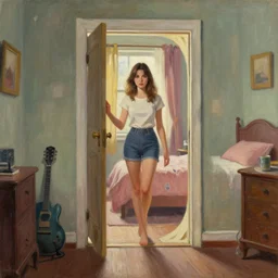 the young woman steps through the multiversal portal in her bedroom, classic american painting, artstation