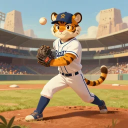 fursona portrait commission of a anthro tiger baseball pitcher wearing a baseball uniform in a baseball stadium. Pitching pose. Pretty, beautiful, DnD character art portrait, matte fantasy painting. Desert mining town. DeviantArt Artstation, by Jason Felix by Steve Argyle by Tyler Jacobson by Peter Mohrbacher, cinematic lighting