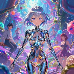 ultra detailed illustration of a anime girl covered in liquid chrome, lost in a dreamy fairy multiverse,  by Karol Bak, Johfra Bosschart, Andrew Thomas Huang, dan mumford, Druillet colorful, front view, vivid colors, 8k, coherent, artgerm, anime vibes, octane render, uplifting, magical composition, artstation
