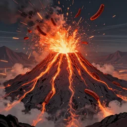 Intricate detailed illustration, An active volcano that erupts hot sausages, cinematic lighting, by Sparth and Greg Rutkowski, wide angle, volumetric light scattering, 8k, artstation, concept art,
