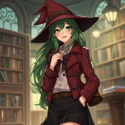 happy nathalie emmanuel as a witch, long green hair, cozy atmosphere, urban fantasy, elegant, jacket, skirt, cone hat, library, bokeh highly detailed, qichao wang, artgerm, cushart krenz, zeronis, trending on artstation, soft light, sharp edges, illustration, character design, concept art