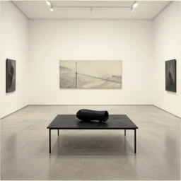a black object on a table in a vast room, by marcel duchamp, archival pigment print, 1 9 2 0, academic art, conceptual art