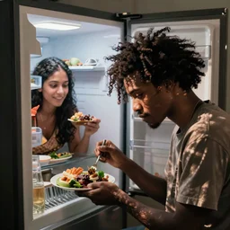 lanky black stoner with bad haircut, eating his wife's dinner furtively, open refrigerator and sulking silently