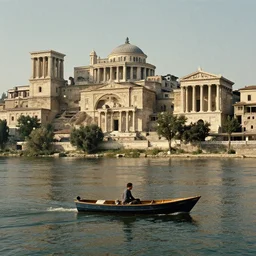 movie still of a man on a small boat on a river with vertical ancient city backround, cinestill 8 0 0 t 3 5 mm, heavy grain, high quality, ultra wide lens, high detailed, flares, anamorphic, neoclassical architecture, ancient high buildings, classical temples