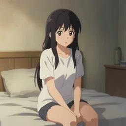 a movie still of lone anime girl in white tshirt is sitting on poor bed in pale colors room in dark russian flat, perfect faces, fine details, anime, cinestill