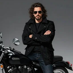 Picture of a male biker, jet black tuffe coat, aviator shades, dark blue jeans, long curly hair, unkempt beard, serious look, armfold, smooth, sharp focus, digital illustration, artstation