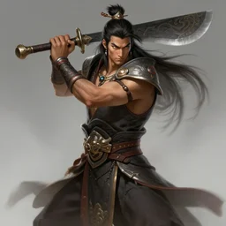 a highly detailed illustration of serious long haired asian tribal warrior man with machete, heroic wielding machete pose, intricate, elegant, highly detailed, centered, digital painting, artstation, concept art, smooth, sharp focus, league of legends concept art, wlop.