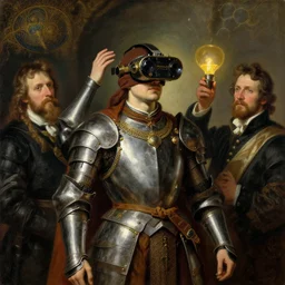 buddhist monk blindfolded with high - teh vr steampunk headset armour baroque style, painting by gaston bussiere, craig mullins, j. c. leyendecker, lights, art by ernst haeckel, john william godward, hammershøi,