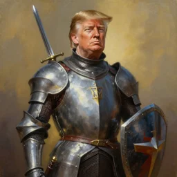 greg manchess oil matte portrait painting, donald trump as a knight, sword and shield, wonderful masterpiece highly detailed, scifi, beautiful cinematic light deep focus, elegant, digital painting, smooth, sharp focus, golden ratio, dramatic illumination, ultra realistic, 4 k, art by greg rutkowski wlop rossdraws