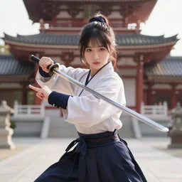 highly detailed beautiful photo of a young female samurai, practising sword stances in a ancient temple, symmetrical face, beautiful eyes, realistic anime art style, 8 k, award winning photo, pastels, action photography, 1 / 1 2 5 shutter speed, dramatic lighting