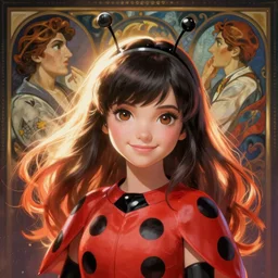 Portrait of Ladybug (Marinette) from Miraculous Ladybug. Art by Greg Rutkowski and Alphonse Mucha