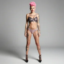full body shot of taylor swift with a pink mohawk hairstyle, lots of tattoos on her arms, legs, and chest, performing a scream on stage in a metal band