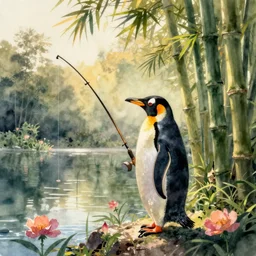 Penguin with a fishing rod in the middle of a bamboo forest at a lake with beautiful lake flowers, warm ambient light, watercolored