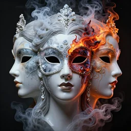 3 d face of goddess portrait, face in the center. beautiful glossy intricate highly detailed venetian mask. ice, milk, lava, flame, smoke, artwork by tooth wu and wlop and beeple and greg rutkowski, 8 k trending on artstation, volumetric lighting