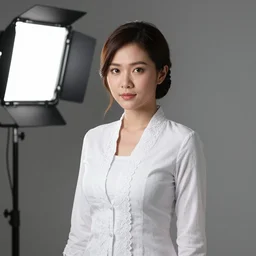 portrait of pokimane wearing white kebaya, by charlotte grimm, studio light, detailed face, canon eos c 3 0 0, ƒ 1. 8, 3 5 mm, 8 k, medium - format print, half body shot