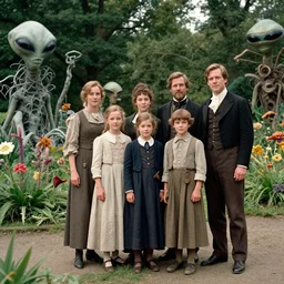 sharp,  detailed, 256k film, 17500mm film still from a sci fi blockbuster color movie made in 2019, set in 1860, of a family standing in a park, next to some strange alien plants and flowers, on an alien planet, the family are all wearing 1860s era clothes, good lighting, enhanced faces, 700mm f/1.4L lens