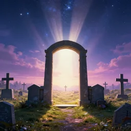 photograph of a portal portal to bright heaven in a graveyard graveyard, crosses, cinematic, tyndall effect, sunlight, god rays, hypermaximalist, detailed, landscape 4k, 8k, breathtaking stars, surrealism, distant, concept art, digital art, sharp focus, mystic hues, acid pixie, RTX, octane render, Trending on DeviantArt