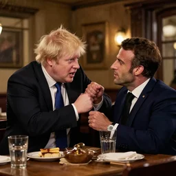 inside a cozy tavern, boris johnson brawls with emmanuel macron