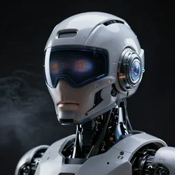 photo of future robot, face symmetry, leds visor helmet, profile pose, bust shot, high detail, studio, black background, smoke, sharp, cyberpunk, 8 5 mm sigma art lens