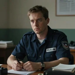 a cinematic painting of a male prison guard, sat at a desk, ultra realistic, dramatic, soft light, dreamy, facial features, detailed, deep focus, movie still, dramatic, ray tracing, by annie leibovitz