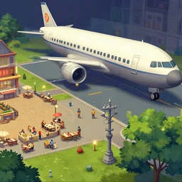 inside a large passenger spaceship, next to an plaza area with a restaurant to the side, from a point and click 2 d graphic adventure game, art inspired by thomas kinkade