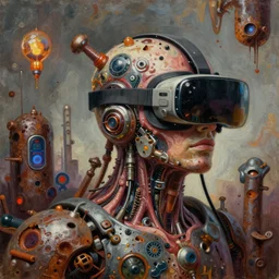 junkypillar, cybertronic gadgets and vr helmet, flesh + technology, durty colours, long shot, rotten textures, rusty shapes, biotechnology, norman rockwell, tim hildebrandt, dariusz zawadzki, bruce pennington, larry elmore, hyperrealistic oil painting on wood, deep depth field, masterpiece, cinematic composition, hyper - detailed, hd, hdr