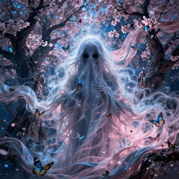 a beautiful terrifying ghost portrait black eyes smoke death twisted trees cherry blossom, floating cloth whirlpool, butterfly hard lighting ethereal horror fantasy art blue, pink hues by karol bak raymond swanland, gaston bussiere craig mullins alphonse mucha basil gogos, monet, ruan jia, by wlop, moebius syd mead roger dean yoshitaka amano