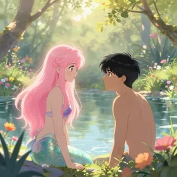 harmony of pink haired merman backlit staring at black haired young man from across a pond, love at first sight, by alan lee, muted colors, springtime, colorful flowers & foliage in full bloom, sunlight filtering through trees & skin, digital art, art station cfg _ scale 9