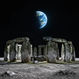 extreme macro shot of stonehenge! on the moon surface with planet earth visible above the horizon, dark background, hyperrealistic digital bioluminiscent octane render, high contrast