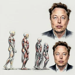 an anatomicaly correct sketch about the evolutional stages of elon musk