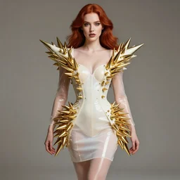 award winning high fashion shiny white transparent latex symmetrical dress with huge gold latex spikes, sexy fashion model with long red hair, high - end photoshoot, soft rembrandt lighting