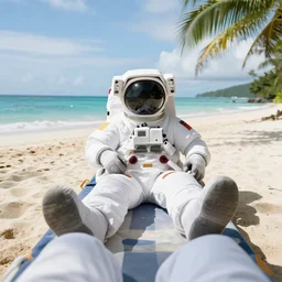 footage of an astronaut lounging in a tropical beach
