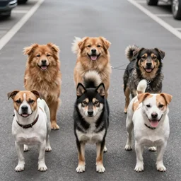 Five dogs on the street.