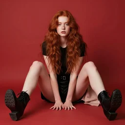 a beautiful red - haired girl is sitting with iron legs spread in a red room