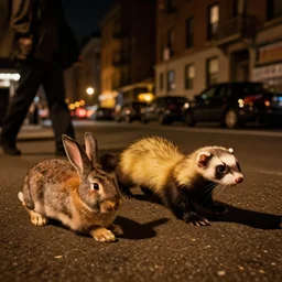 a ferret is chasing a rabbit through the streets of new york, warm color palette, night time, dramatic lighting, noir film, fine details, high contrast, blacksad, kim jung gi, greg rutkowski, trending on artstation, 8 k, ultra wide angle