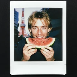 a polaroid photograph of happy kurt cobain eating watermelon in tokio